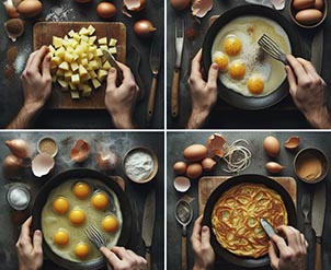 Collage de una persona haciendo tortilla de patatas